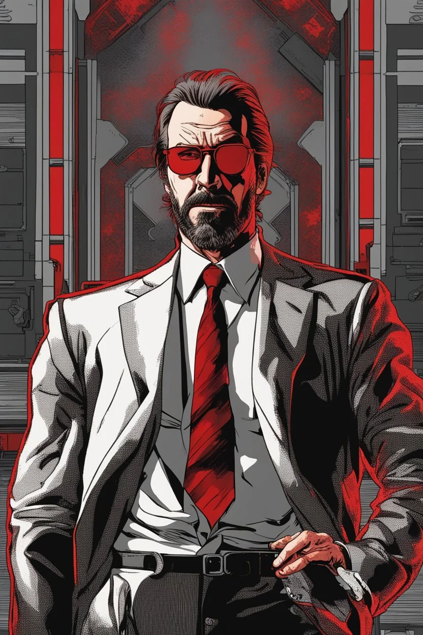 an muscular and menacing Hans Gruber wearing red-tinted glasses