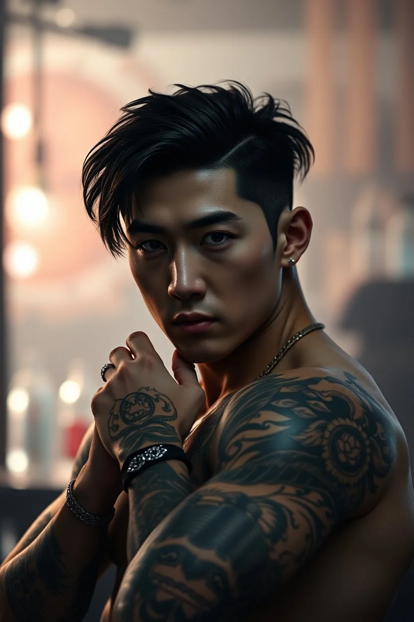 professional photo from attraktive young korean man with elaborate detailed warrior tattooed him arms. The character’s muscular build, some ring jewelry, dark hair, dark asian eyes, young korean man attractive masculine face with realistic skin, no anime face, shadows, pale light, cyber urban bar, blur background