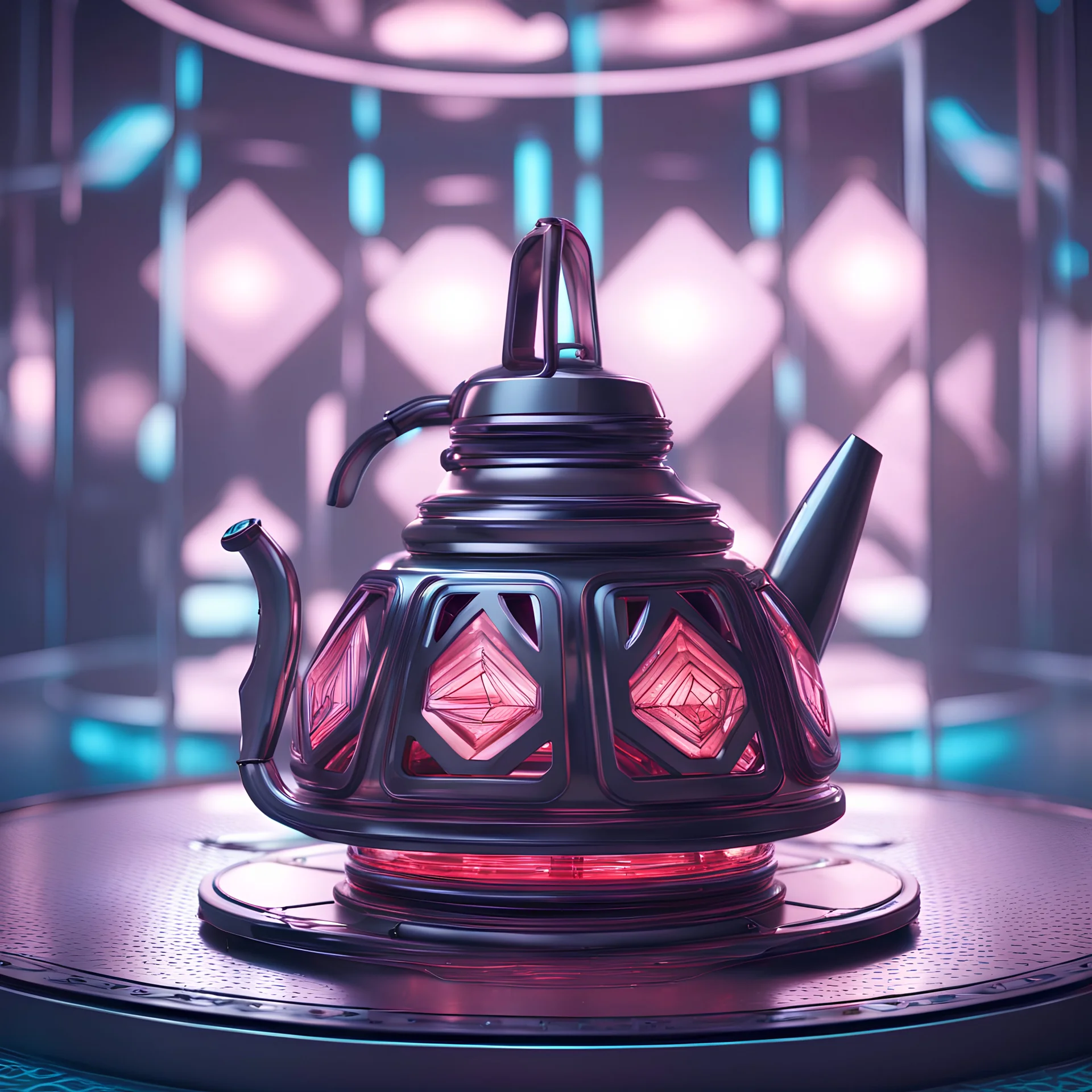 Futuristic concept art of a hookah tea kettle, with an intricate geometric pattern, shining neon lamps and smooth metal surfaces. Inspired by Russian constructivism and designed by Sid Mead, this product is ideal for a modern sci-fi setting. (3D rendering, high detail, bright colors, trending on Behance)