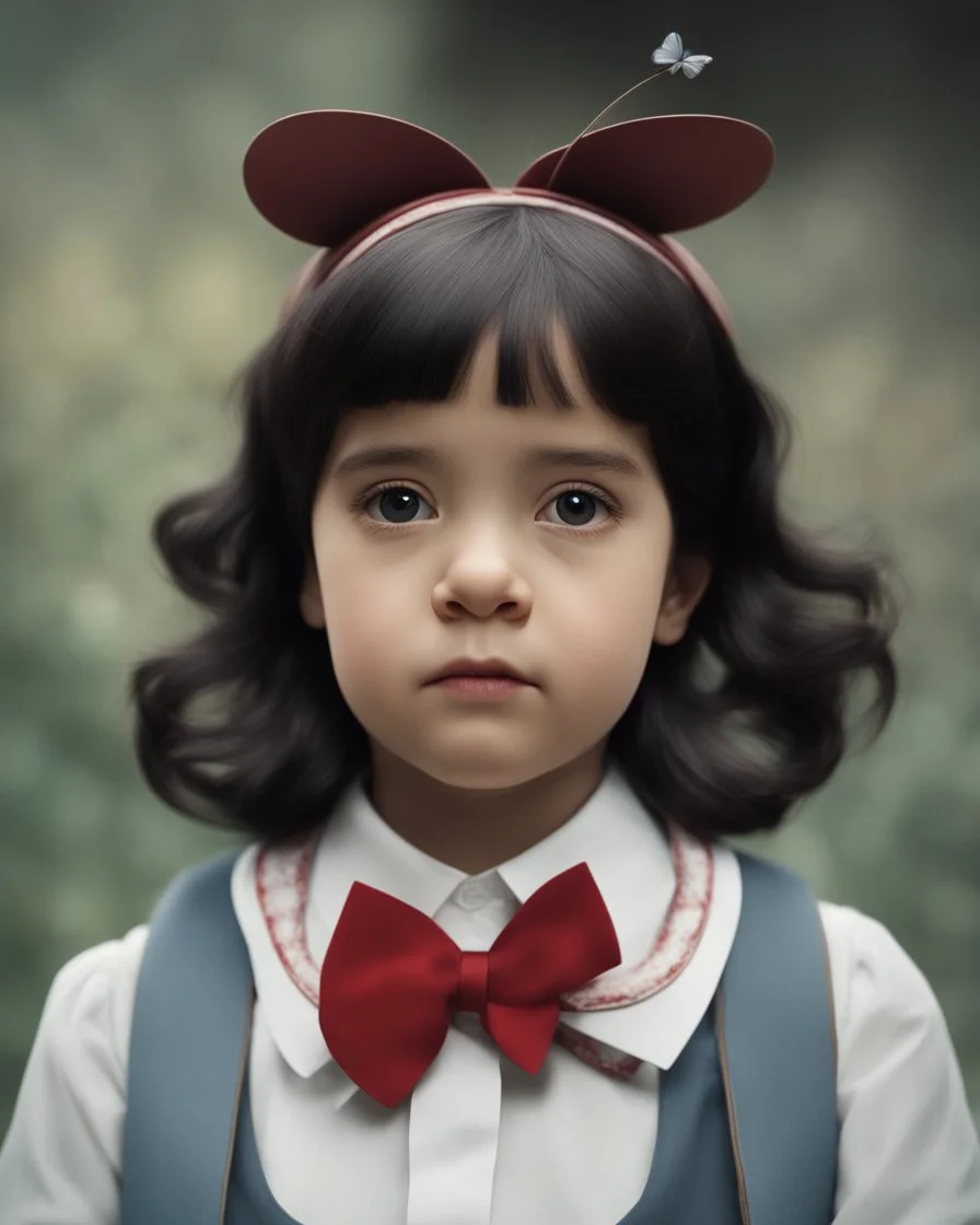 Fotografía hiperrealista de Mafalda en la vida real, con un lazo tipo corbatin o mariposa en su cabeza. Pelo lacio. (((Full body)))