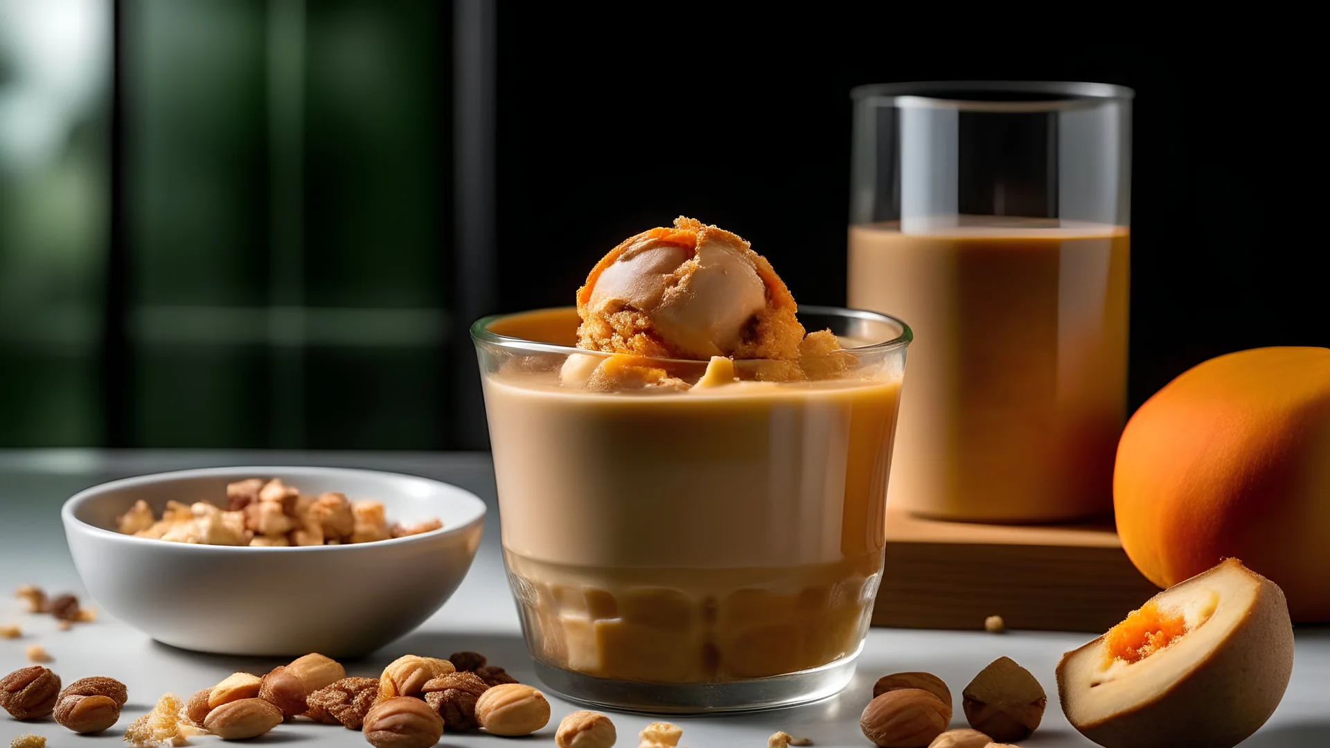 walnut ice cream with caramel is in a glass cup and next to some ingredients Generative AI