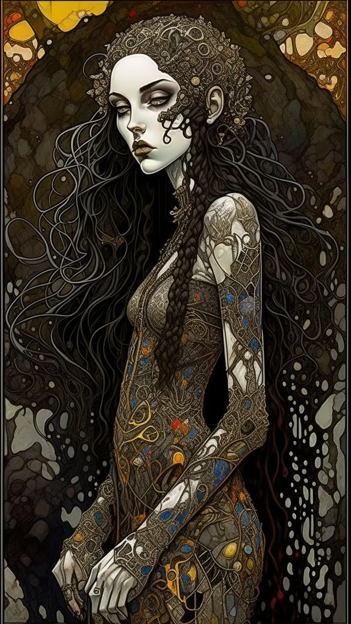 highly detailed, full body ink oil painting, petite goth girl with long dark braided hair, sharply defined angular facial features, anatomic perfection, by Andrea Kowch> <Yoji Shinkawa><Gustav Klimt> <Jean-Giraud Moebius, saturated vibrant natural earth color tones, precisely drawn and inked, 8k resolution
