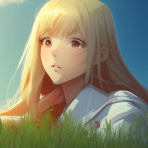 Anime art,anime key visual of elegant young female,long blonde hair and large eyes,finely detailed perfect face,laying down in the grass at sunset,golden hour sunset lighting,background blur bokeh!!,trending on pixiv fanbox,studio ghibli,extremely high quality artwork