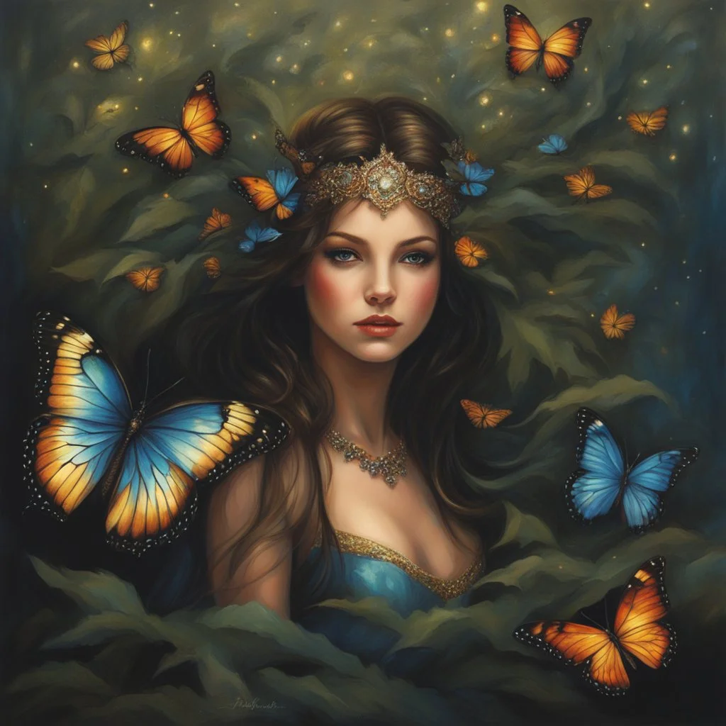 Painting of a beautiful girl, beautiful, pretty face, young girl, fantasy art, dream, trees, forest, dark night, song, glitter butterflies, fantasy