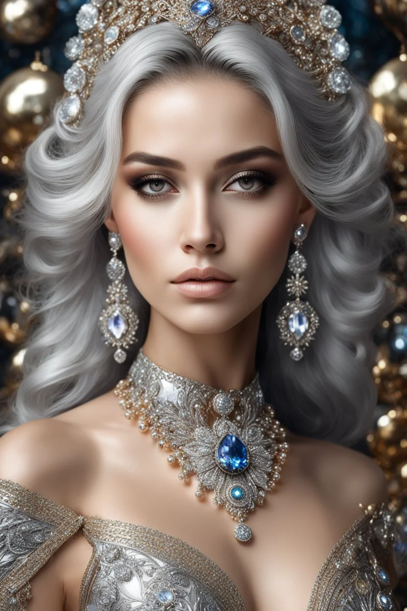 Half body photography ultra realistic portrait Luxury beauty of pretty young woman, beautiful, shiny hard eyes, make up, shiny baubles, ornate, large gemstones, shiny dress molten metalics, shiny filigree jewelrys, silver hair, high definition, high res,luxuru diamonds background,establishing shot