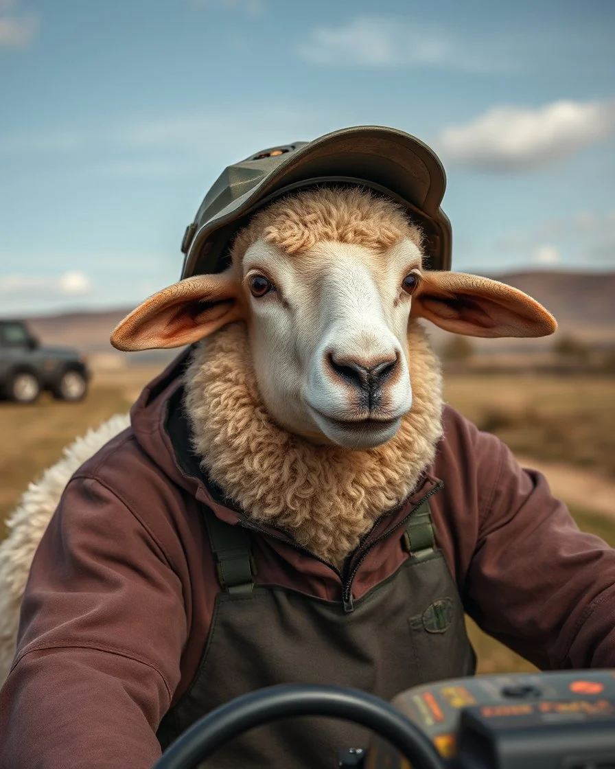 portrait with the head of a mechanic with a hybrid mixed body part sheep, working on an (old land rover 4wd) in the countryside