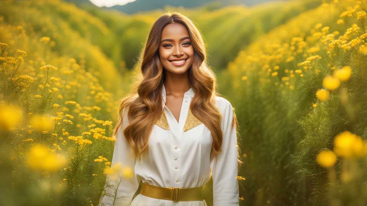 A gorgeous smiling ceylanese model with a golden skin and long smooth hair in a cosmonaut outfit with luminous strikes in a hill of flowers with 1000 y/o trees, a small torrent, loads of mini flowers, moss, sun rays through the branches, particles in the air at spring