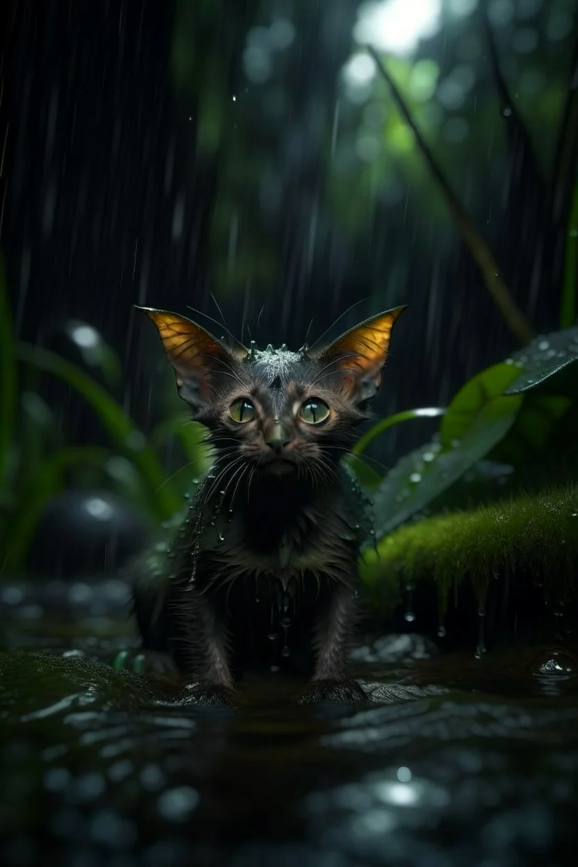 cat bat won the dark clouds, portrait in weird waterfall in moist swamp planet , photo-realistic, shot on Hasselblad h6d-400c, zeiss prime lens, bokeh like f/0.8, tilt-shift lens 8k, high detail, smooth render, down-light, unreal eng