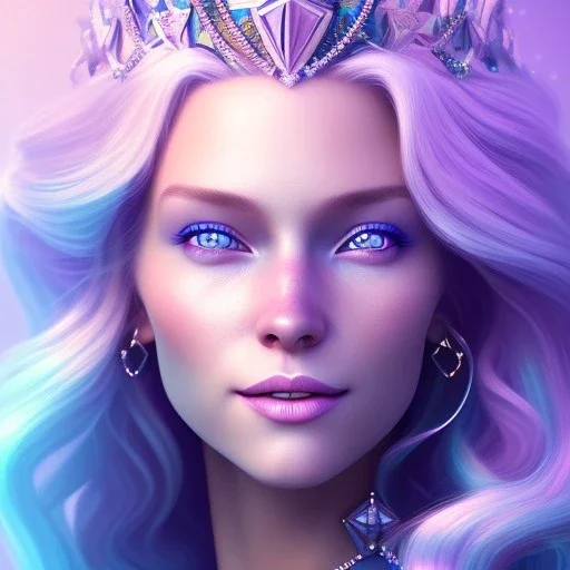 A portrait of a full body crystalised blue pink queen,smiling face, blue eyes, long blond hair, atmospheric, realistic, unreal engine, lighting