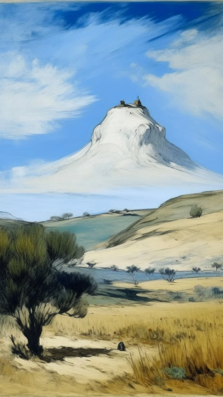 A white open sky near a peak designed in Navajo yarn painted by Édouard Manet