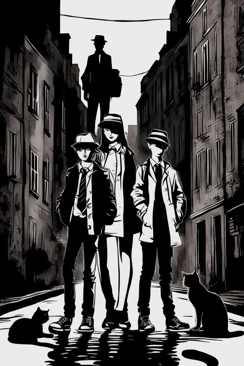 Design a detective book cover for teenagers. A teenage girl in the centre and two boys on her sides are on the town street. Black Cat as a company. Banksy style, pop art style, dark mood, mysterious atmosphere