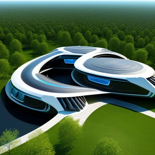 Casa campestre ecológica futurista, estilo Zaha Hadid, calidad ultra, hiperdetallada, hiperrealista, arte digital, 8k3D, vista aérea