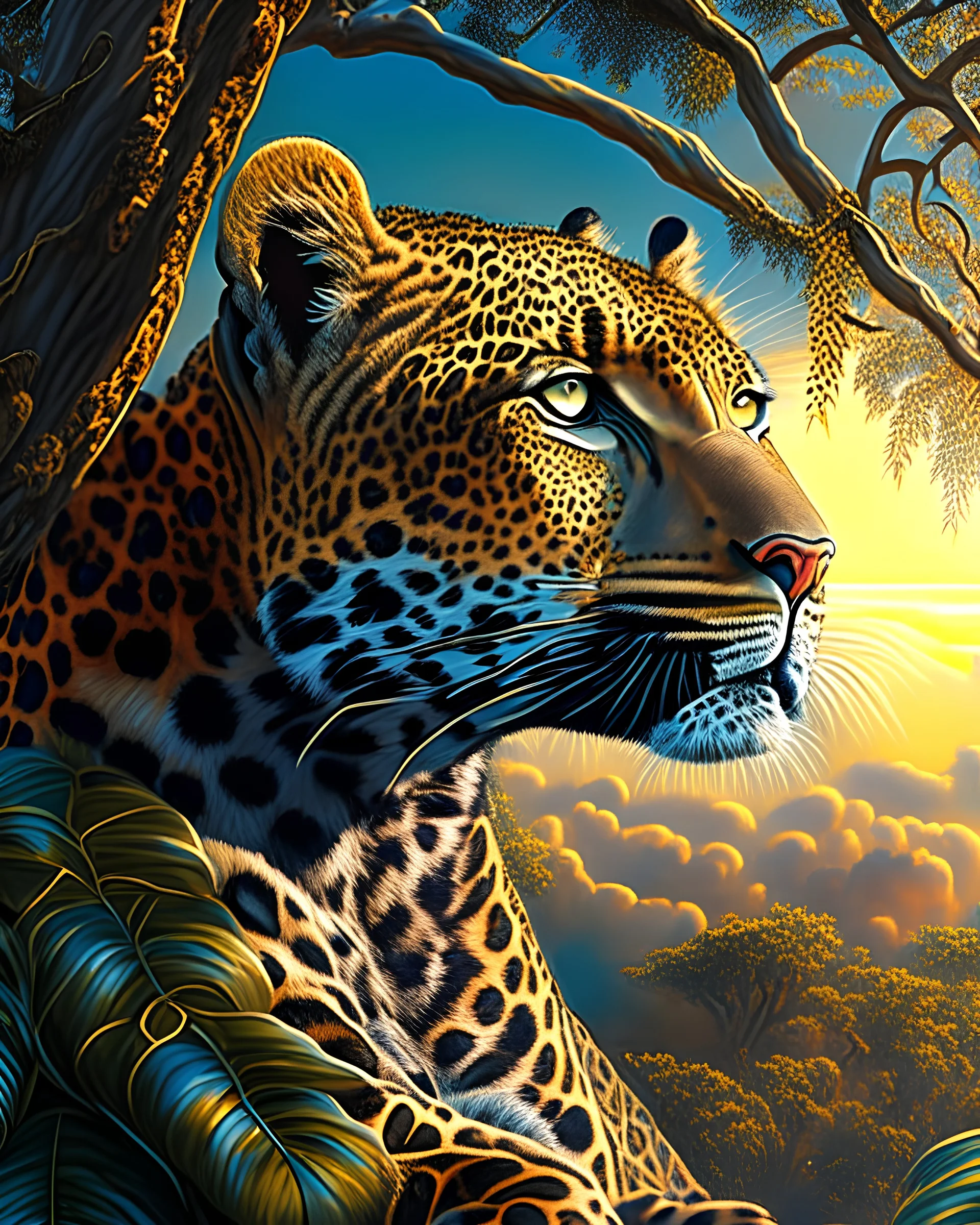 Leopardo en la Selva cuerpo completo árboles detallados elegante obra de arte colores contrastantes pintura al óleo detallada hiperdetallada impactante intrincada sombra 3D arte gráfica iluminación cinematografica 8k 3D cielo soleado nubes coherente