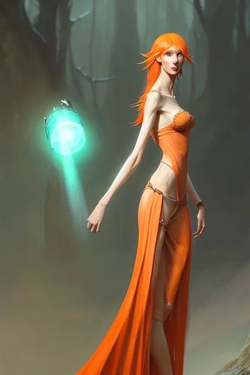 painting of a tall elven young woman with short light orange hair and freckles on the cheak bones and tall body of a topmodel light clothes, long shot, ultra realistic, concept art, intricate details, eerie, highly detailed, photorealistic, octane render, 8 k, unreal engine. art by artgerm and greg rutkowski and charlie bowater and magali villeneuve and alphonse mucha