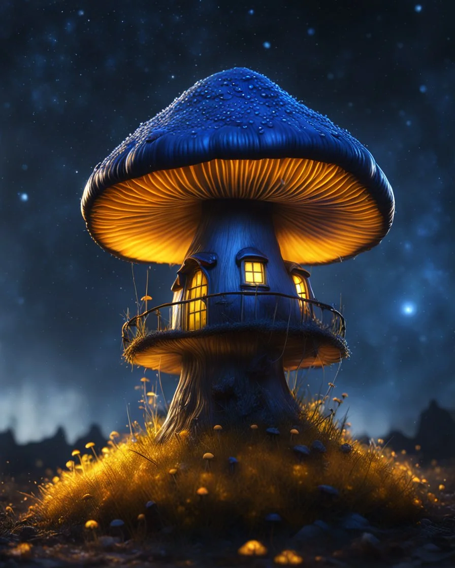 A solitary floating mushroom house on a clear night. silver and blue and yellow, Dark cosmic interstellar. Detailed Matte Painting, deep color, fantastical, intricate detail, splash screen, hyperdetailed, insane depth, concept art, 8k resolution, trending on Artstation, Unreal Engine 5, color depth, backlit, splash art, dramatic, High Quality Whimsical Fun Imaginative Bubbly, perfect composition