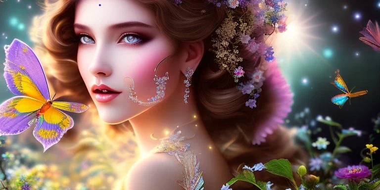 bright fairy, beautiful portrait, flowery landscape