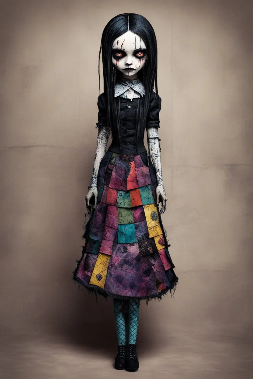 full color, full body illustration of a dark menacing Victorian goth vampire girl, ala Wednesday Addams, as a decayed, broken, crude homemade patchwork cloth doll toy, with contrast stitching across her patchwork face, hair made from ragged strips of cloth, art in the style of Alex Pardee