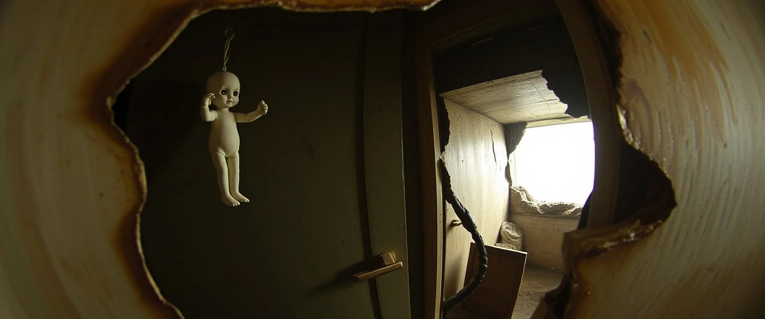 ghost doll barely hanging on, master oil painting by Escher and Giger, sodom in the style of Fallout 4, pinhole cam pic, dimensional door, tear in the fabric of reality
