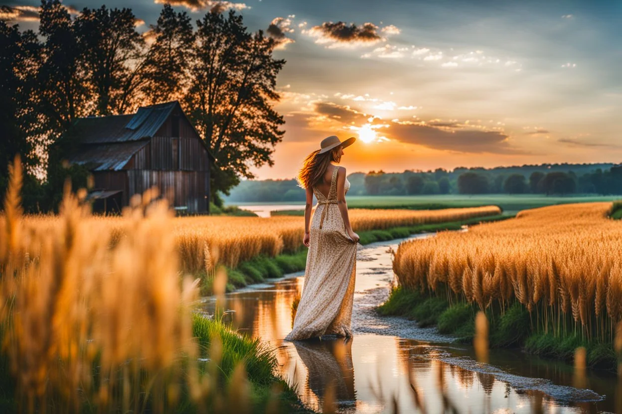 wide angle shot of golden wheat field next to river ,a watermill on river, a beautiful girl in pretty long dress walking in