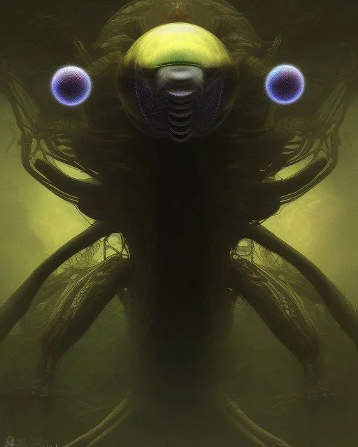 Distorted large yellow insectoid alien black eyes, in a mall, sci-fi art, graphic design, digital illustrated scene, alien art, high strangeness, absurdist, cartoonists