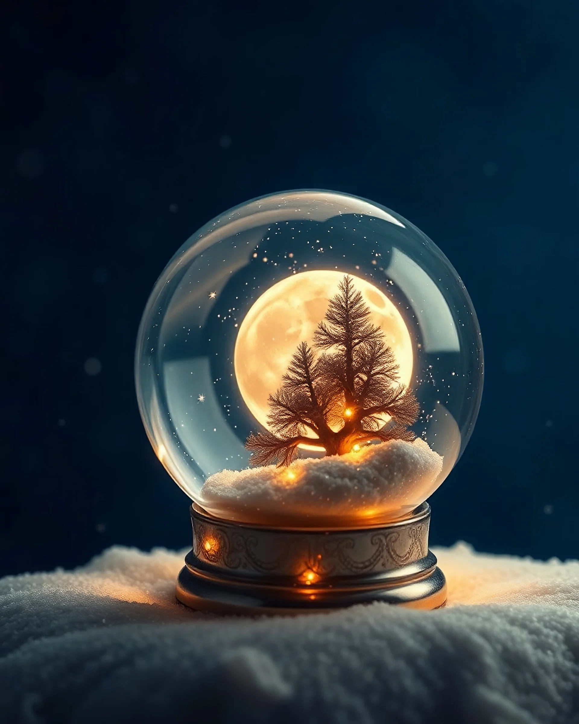 A glowing moon inside a crystal snow globe, stars swirling like tiny galaxies around it