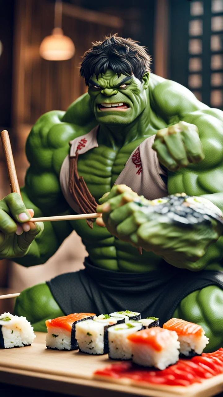 a hulk eating sushi with chopsticks, photo, 8K UHD,