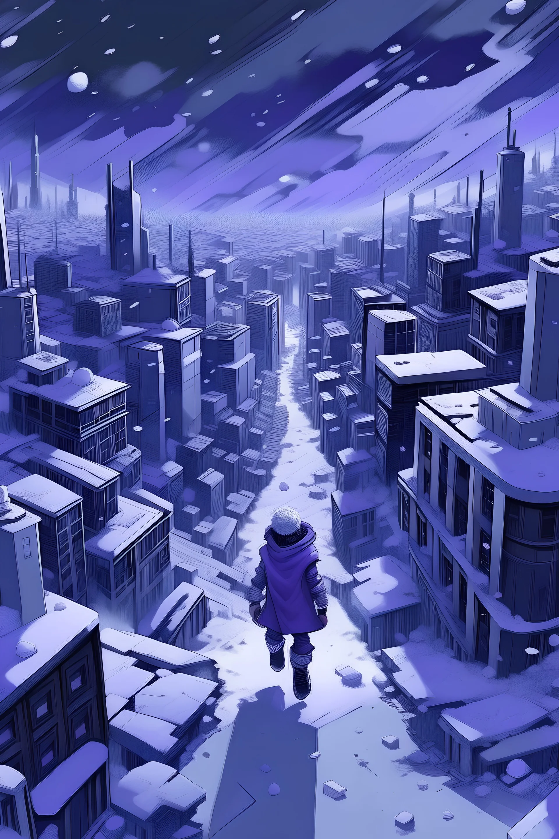 snowy megalopolis, purple white grey black, stylized, perspective from person on ground