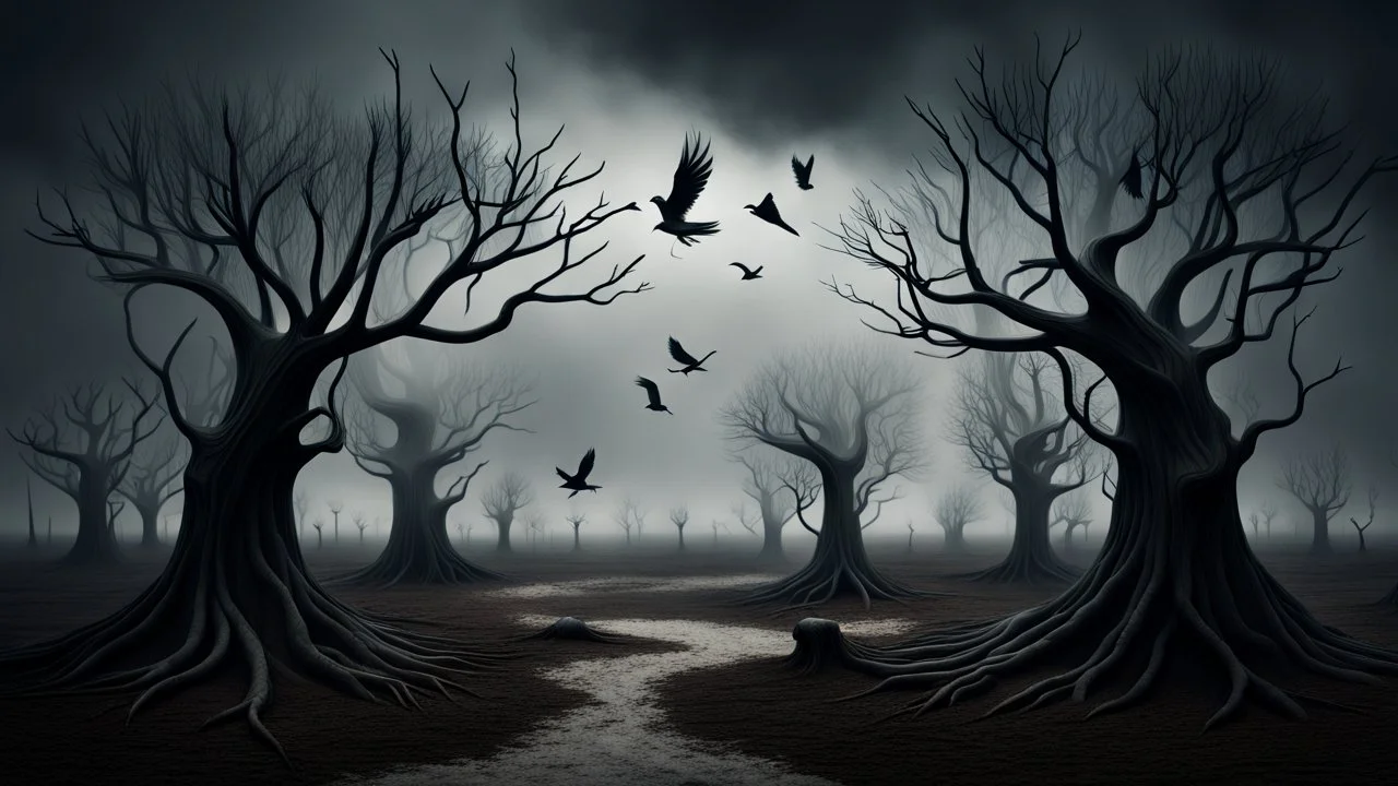 Birds and trees in alternative surreal barren, dry, gloomy world, nightmare in abyss, deep vortex, ,noir, surreal, dark mood, weird dark fantasy, deep dark colors, sharp lines, crepy stunning, high detalied, weird, fog, shadows, realistic, surreal, highly detailed, melancholic thriller mood