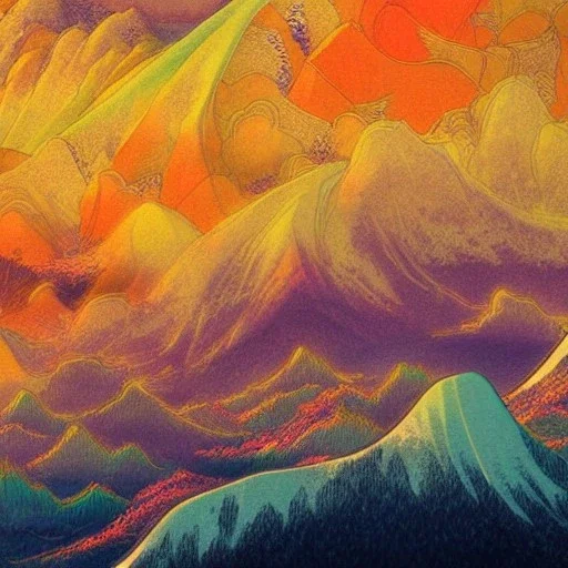 incredible, stunning japanese mountains in the distance, colorful morning sky and mist, ultrafine-detail, intricate, detailed matte, digital painting, artwork, Kupka, Toyen