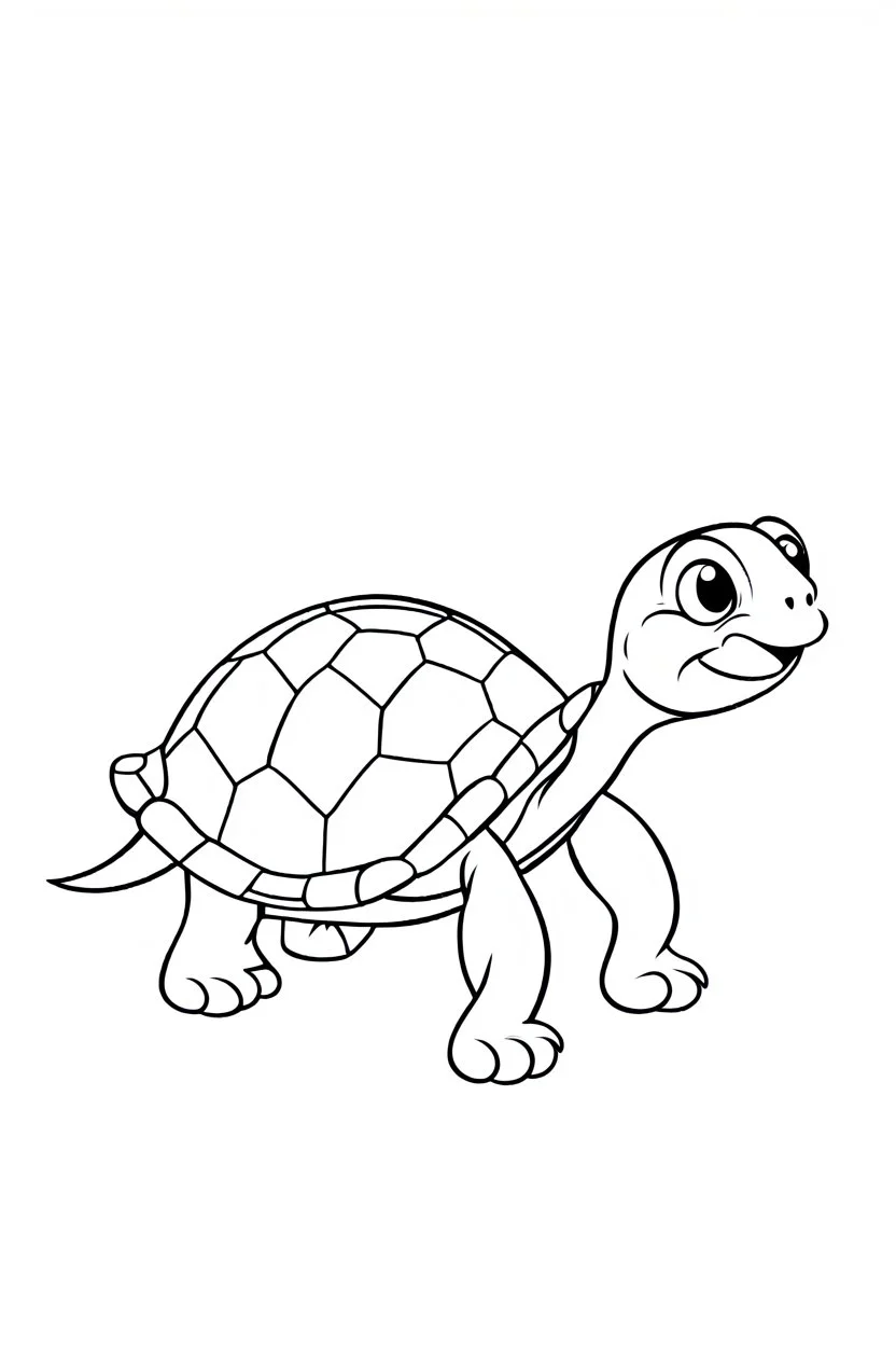 blank colouring book, white blank background, simple picture for toddlers, sweet and smilling turtle pet, disney and pixar style
