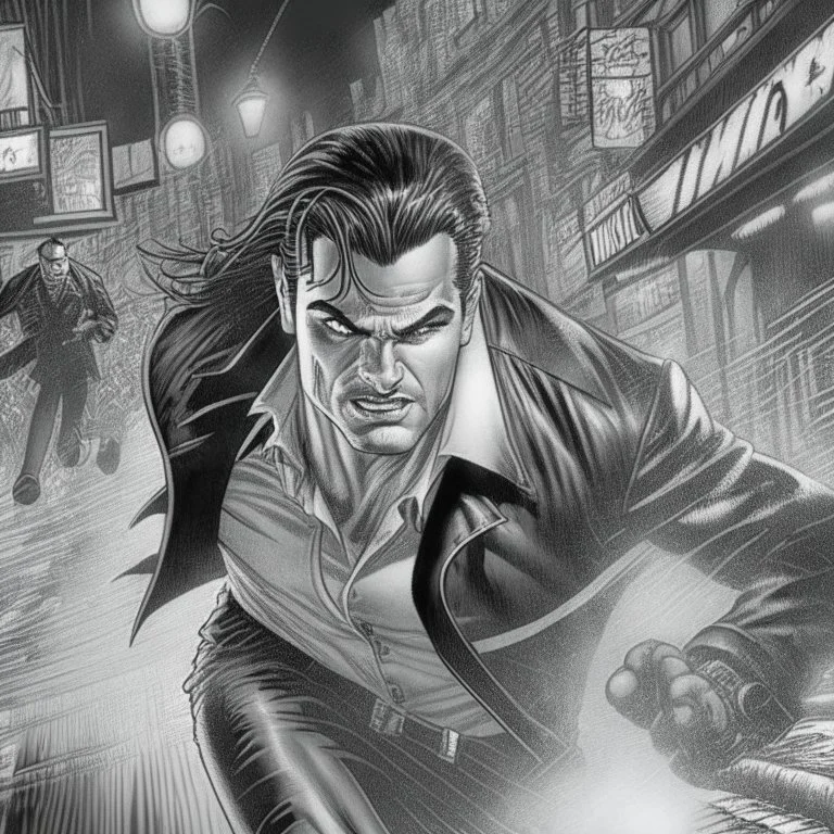 Sincity comic, a vampire running. Closeup.