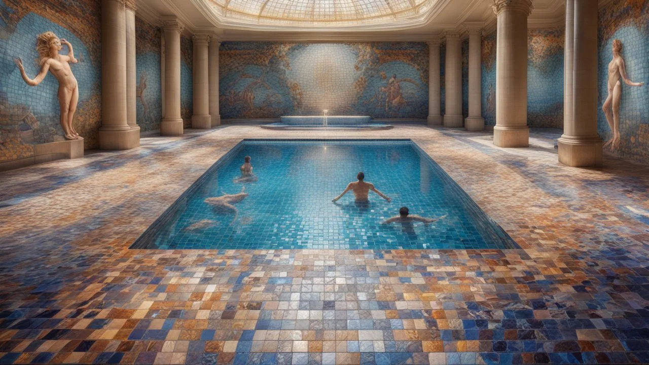 Superb pictorial multicoloured mosaic floor, walls with pictures of bathers and swimmers, swimming pool, water feature, relaxation, luxury, dream world, calm beauty, symmetry, fantasy world, magic, beautiful composition, exquisite detail, 135mm lens, adjust perspective, chiaroscuro, dynamic lighting