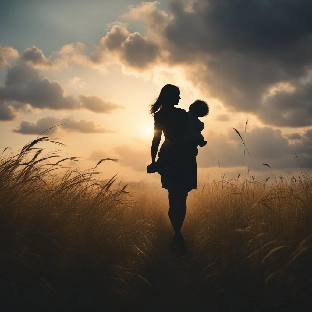 Hyper Realistic Silhouette of a mother carrying her child at cloudy sunset in a field with tall grass showing cinematic & dramatic ambiance