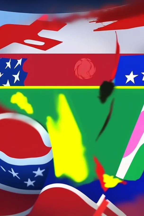 painting of an debate in a nation between the Red Party, Blue Party, yellow Party, Green Party and Pink Party