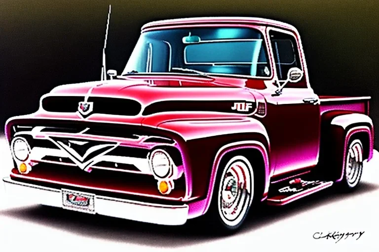 a true-to-life 1956 ford f100, classic wheels, centered, intricate, extreme detailed, photorealism, center view, suburb background, pivot on ford, pen and color marker, painting by cheryl kelley