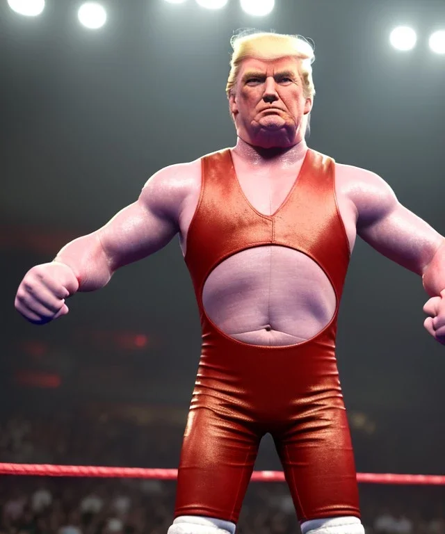 Wrestler Donald trump, wrestling, sweat, blood, red breeches, suspenders, retro style, 80s, hot ambient, photo studio, vibrant color, gradient, highly detailed, art stations, concept art, smooth, unreal engine 5, god rays, ray tracing, RTX, lumen lighting, ultra detail, volumetric lighting, 3d, finely drawn, high definition, high resolution.