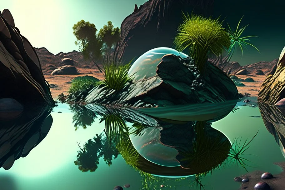 exoplanet, water reflection, rocks, vegetation