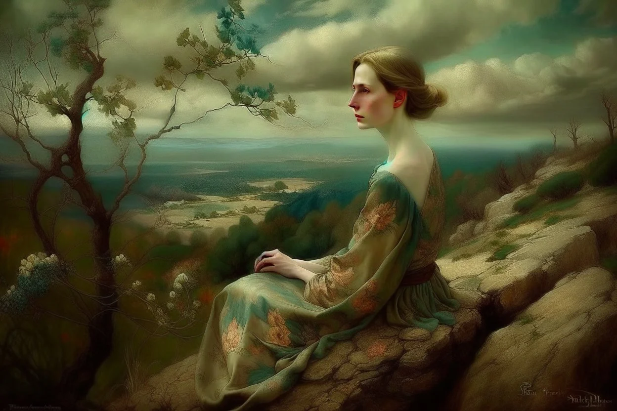 Single image: A Very Beautiful pretty dreamy Lady in eerie beautiful landscape art by Anka Zhuravleva, Sandy Welch, Jane Small, Aliza Razell, Eduard Veith, Joel Robison, Mikhail Vrubel, Ferdinand Hodler, Christoffer Relander, William Timlin, Charles Rennie Mackintosh, John Lowrie Morrison, Sidney Nolan. 3/4 Headshot, Volumetric lighting, 3d, mixed media, Best quality, crisp quality