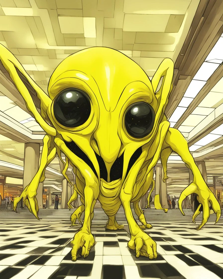 Distorted large yellow insectoid alien black eyes, in a mall, sci-fi art, graphic design, digital illustrated scene, alien art, high strangeness, absurdist, cartoonists