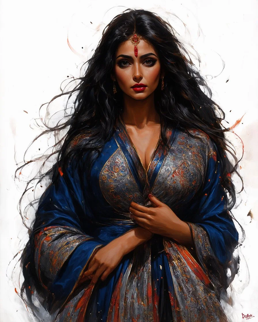 painting in a highly stylized, cinematic art style depicts a beautiful woman with long, flowing dark hair and dark eyes, adorned with a red bindi on her forehead and red lipstick. She is wearing an elaborate robe composed of dark blue, blue, gray, and gold fabric with a pattern of gold circles and abstract shapes, including some red and orange elements. The woman is positioned with her right shoulder partially exposed, revealing a glimpse of her dark skin. Her dark hair cascades dramatically aro