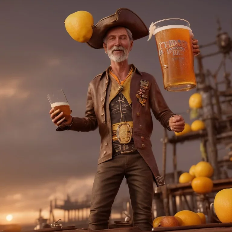 Ein Captain der Captain cidra heisst. Er hält ein Bier in der Hand. Er steht vor einem piratenschiff. Im Hintergrund sieht man Zitrusfrüchte