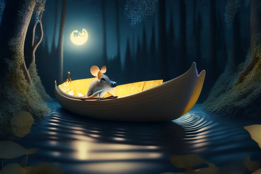 strong mouse in cheese boat, in moonlit forest by stream, book illustration, fine detail, 4k, trending, volumetric light, depth of field