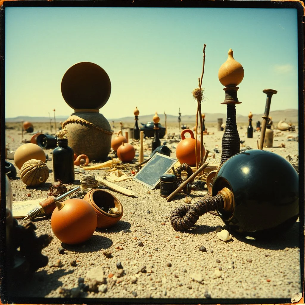 Photography polaroid close-up of a wasteland landscape with many objects in Yves Tanguy incomprehensible style, Surrealism, glossy, organic, funny, strong texture, fiotti di liquido nero, panic, obsessive, hypnotic