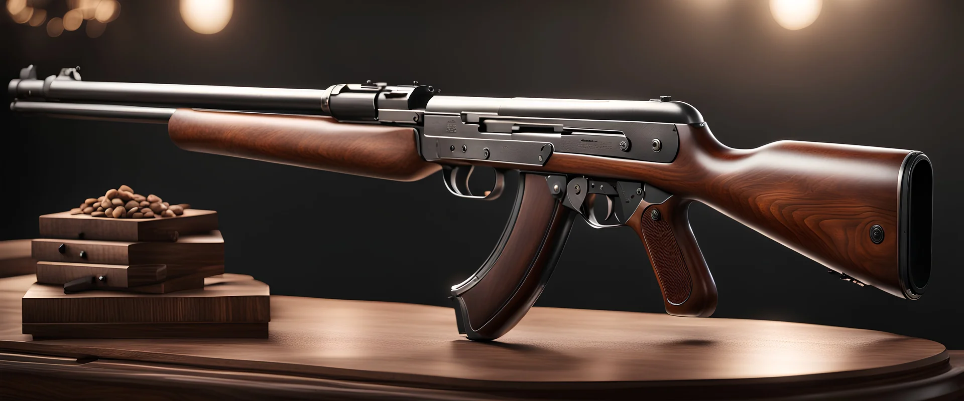 High-end state-of-the-art aesthetics flawless PPSh-41 submachine gun, supreme cinematic-quality photography,waltnut wood handle,Art Nouveau,Vintage style Octane Render 3D technology,hyperrealism photography,(UHD) high-quality cinematic render,Insanely detailed close-ups capturing beautiful complexity,Hyperdetailed,Intricate,8K,