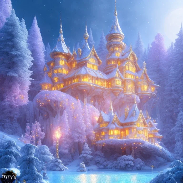 a magical crystal snow bleu gold house in the woods, pink vertical, blue lake,sharp, vines, candlelit, endor, ornate, elegant, highly detailed, artstation, concept art, smooth, sharp focus, illustration, 8k, splash art, wallpaper, key visual