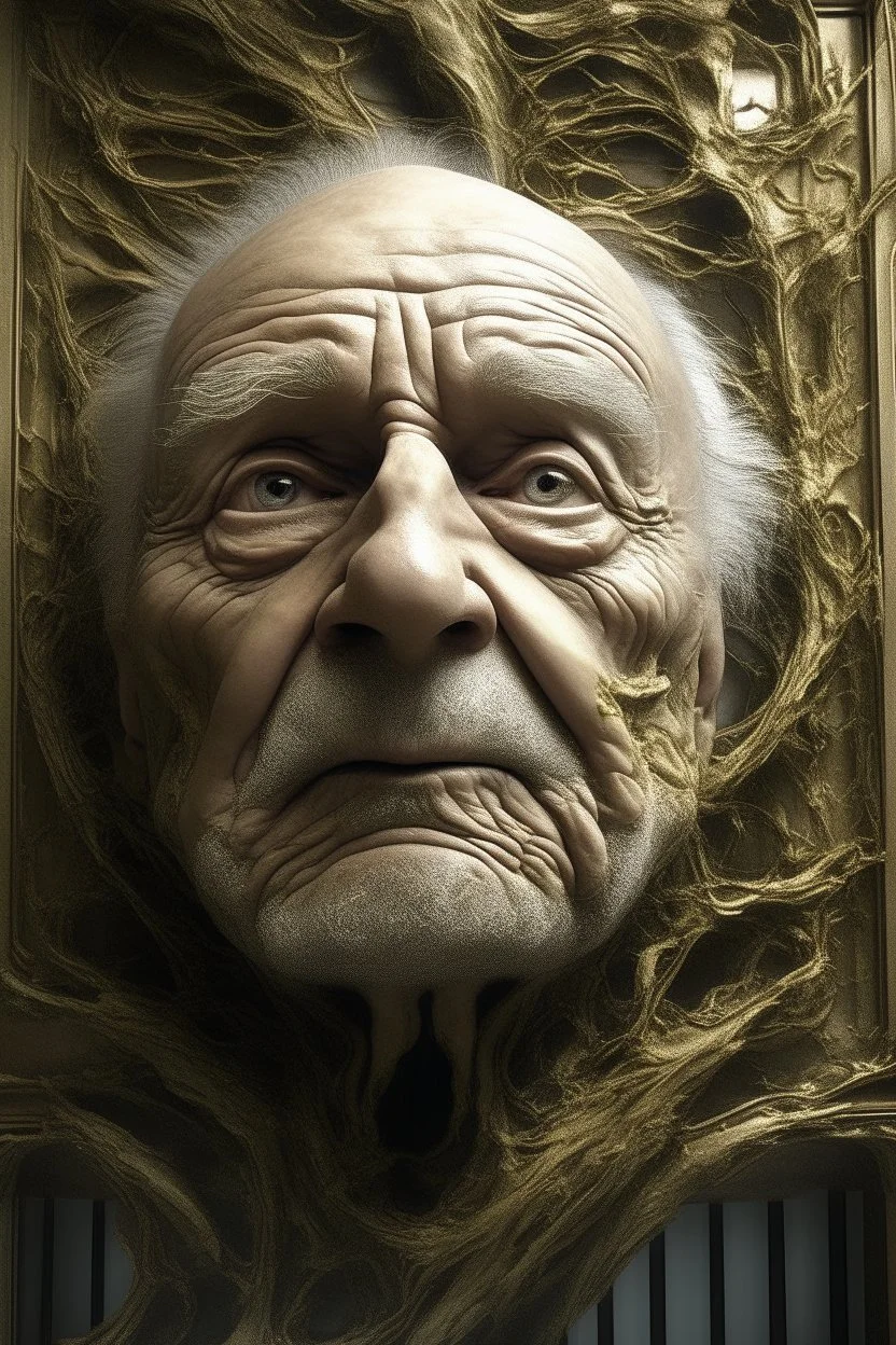 surrealis monochrome A fragmented, surreal sculpture liguid color of photorealistic image 3d,psychedelic art of an old man face glossy emerging from dreamlike a crumbling building. The face appears pale with deep cracks and intricate details, evoking a haunting expression. Blackened tree branches intertwine with the gold mengkilat cracks, set against a backdrop of stormy, cloud-filled skies. bauhaus art The overall tone is dark and moody, suggesting themes of decay and transformation. Include