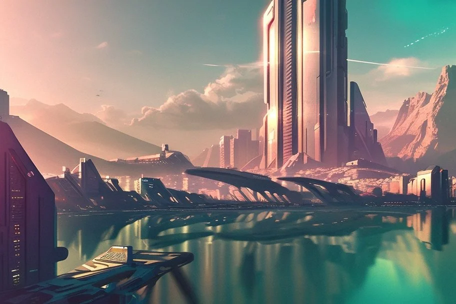 cyberpunk city, sunny day, valley, mountains, sci-fi, epic