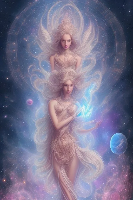 Create an image of a full body cosmic Goddess. The goddess should be depicted as a beautiful and powerful figure, surrounded by cosmic stars. Her hair should be long, blond and flowing, and she should be dressed in a flowing gown blue celestial robe. In the background, include imagery of pink flowers, blue sky,trees. The image should evoke a sense of joy, celebration, and spiritual connection to nature.