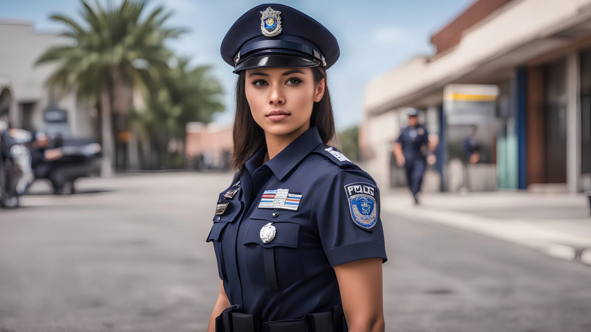 beautiful female 19 yo latina police officer with beautiful face, perfect body and face, 4k, 8k, wearing police uniform,full body