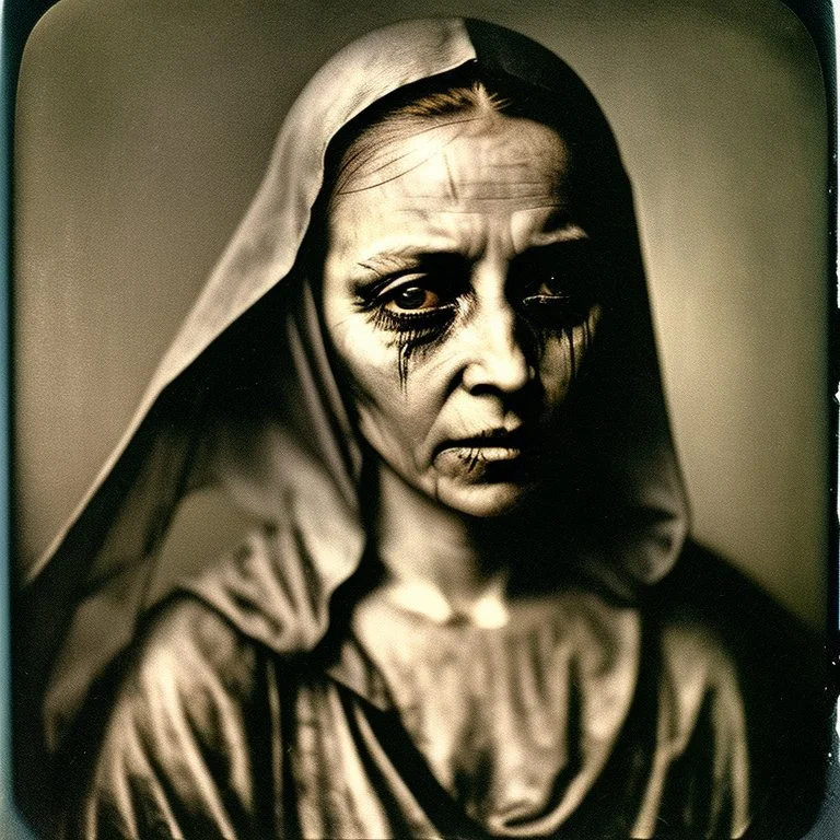 Photorealistic polaroid nothingness and distressing anguish old wooden figure wasteland night, Hieronymus Bosch, shot on Hasselblad, movie shot, details of the dress accentuated, nightmare, hypermaximalist, obsessive, hypnotic